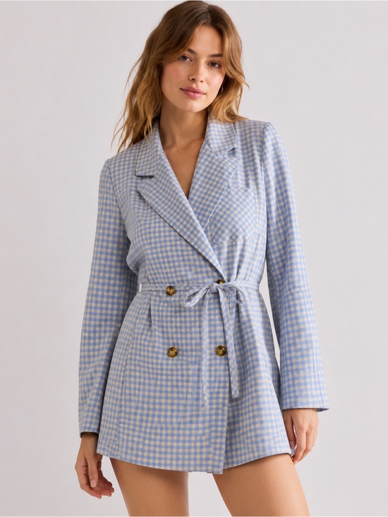 Free People Pants - Free People Sweet & Salty Gingham Romper Women’s Size 6 Blue Linen Blend